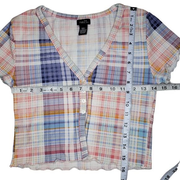 Rue21 Plaid Crop Top Pastel Button Up Short Sleeve Blue Pink White Orange Small - Picture 6 of 7